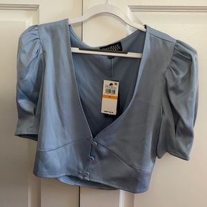 Danielle Bernstein x Macy’s baby blue silk top